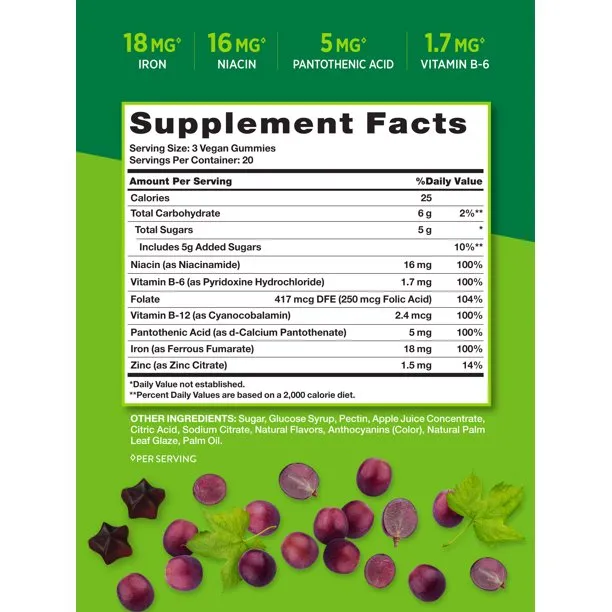 Nature's Truth Essential Iron   B-Vitamins Zinc Natural Grape 60 Vegan Gummies