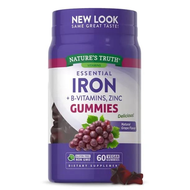 Nature's Truth Essential Iron   B-Vitamins Zinc Natural Grape 60 Vegan Gummies
