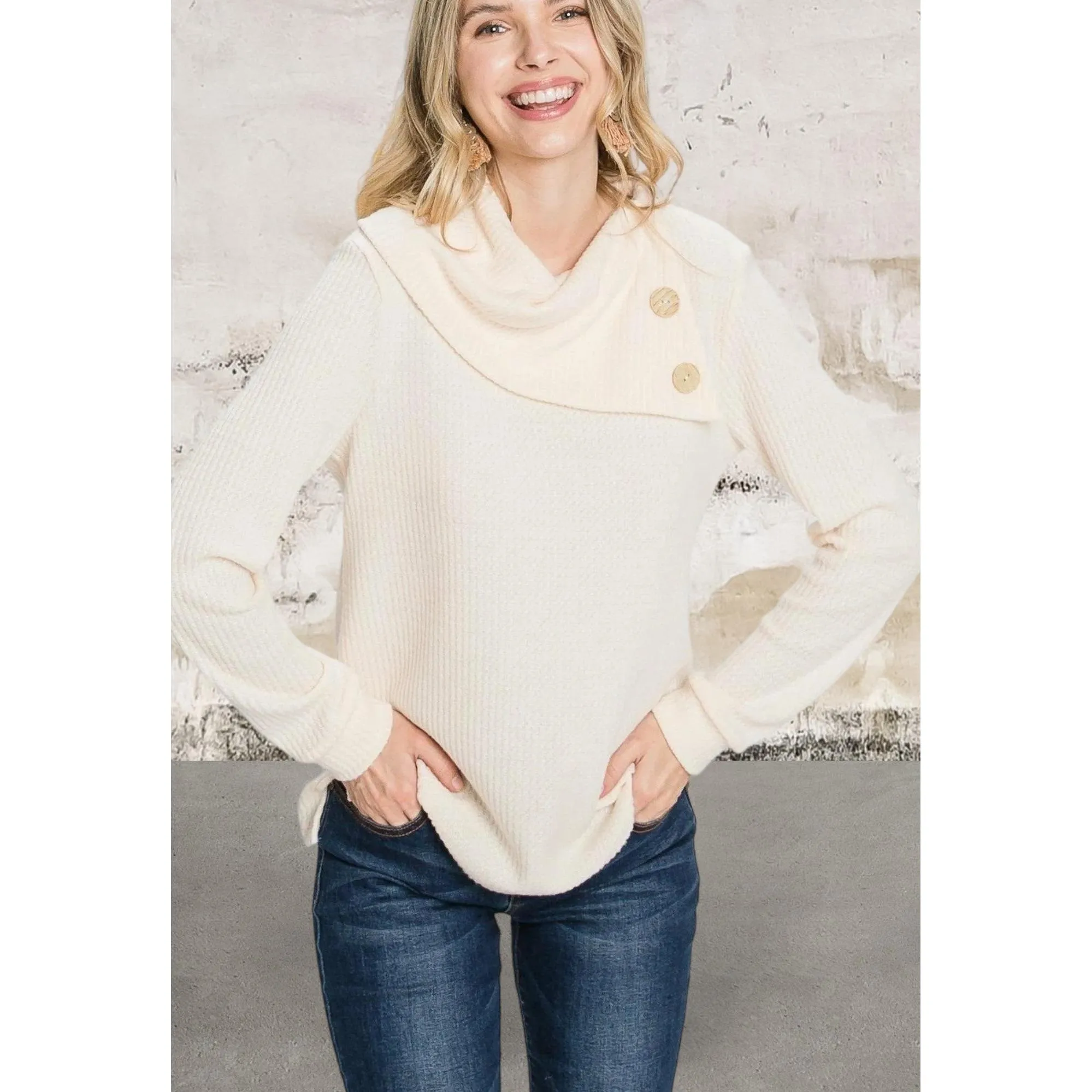 Off White Buttoned Flap Mock Sweater