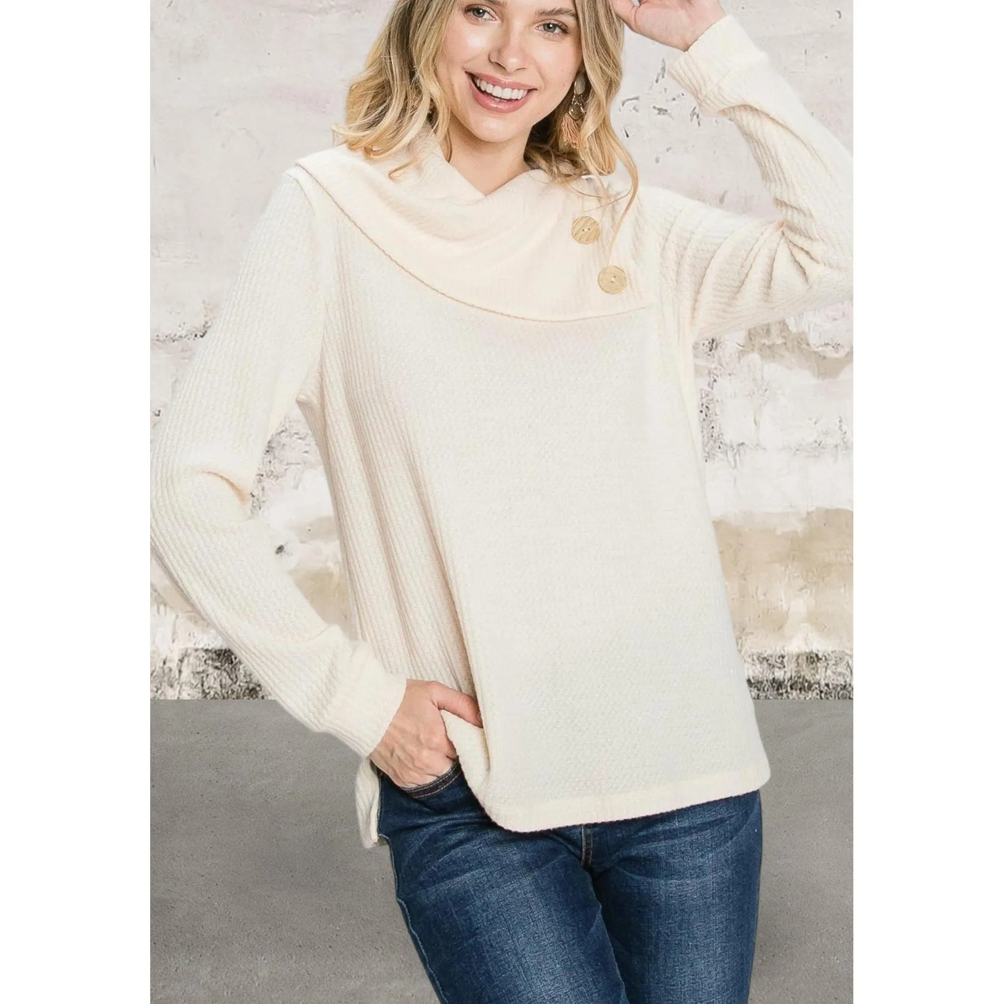 Off White Buttoned Flap Mock Sweater