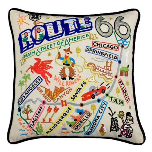 Route 66 Hand-Embroidered Pillow