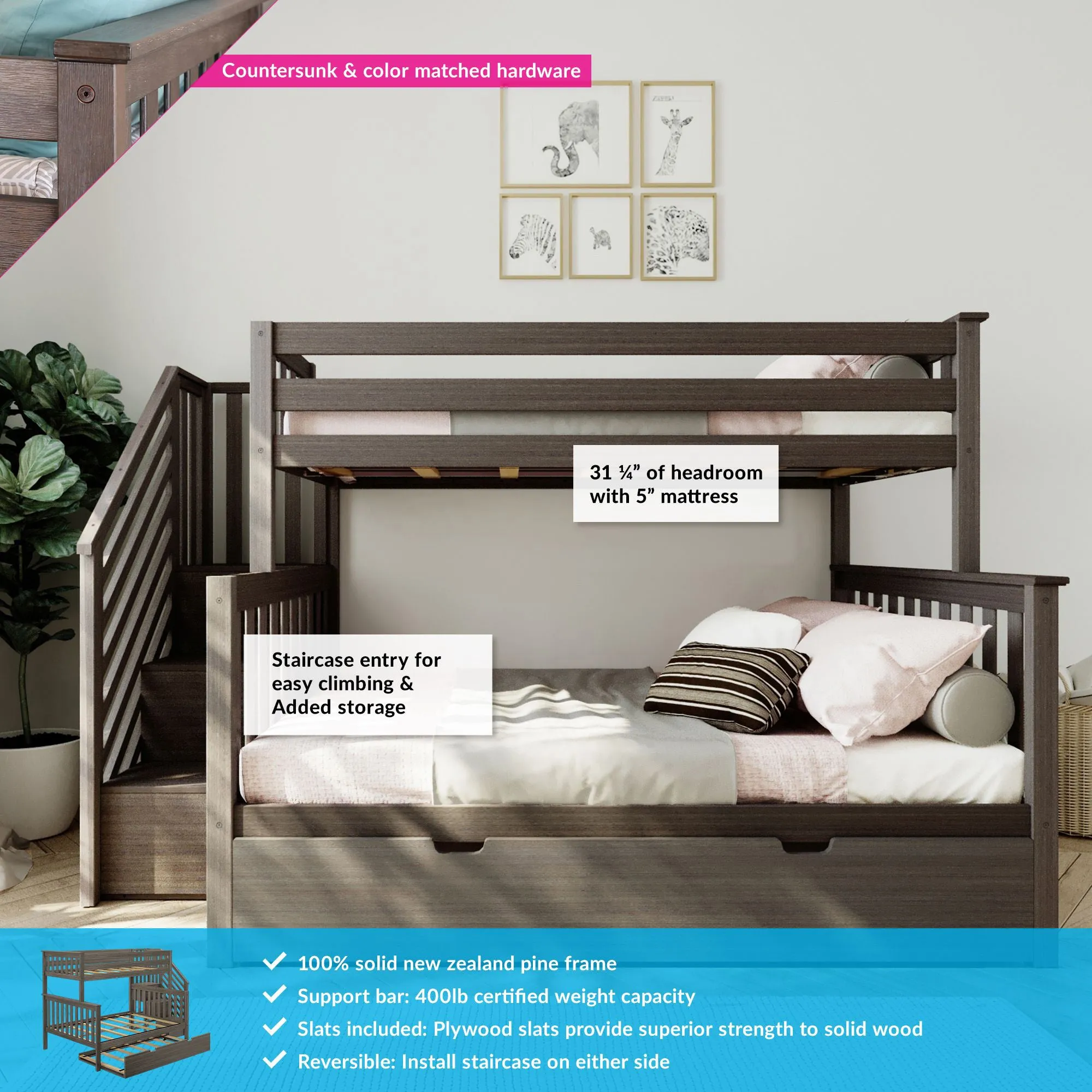 Twin Over Full Bunk Bed With Stairs & Trundle