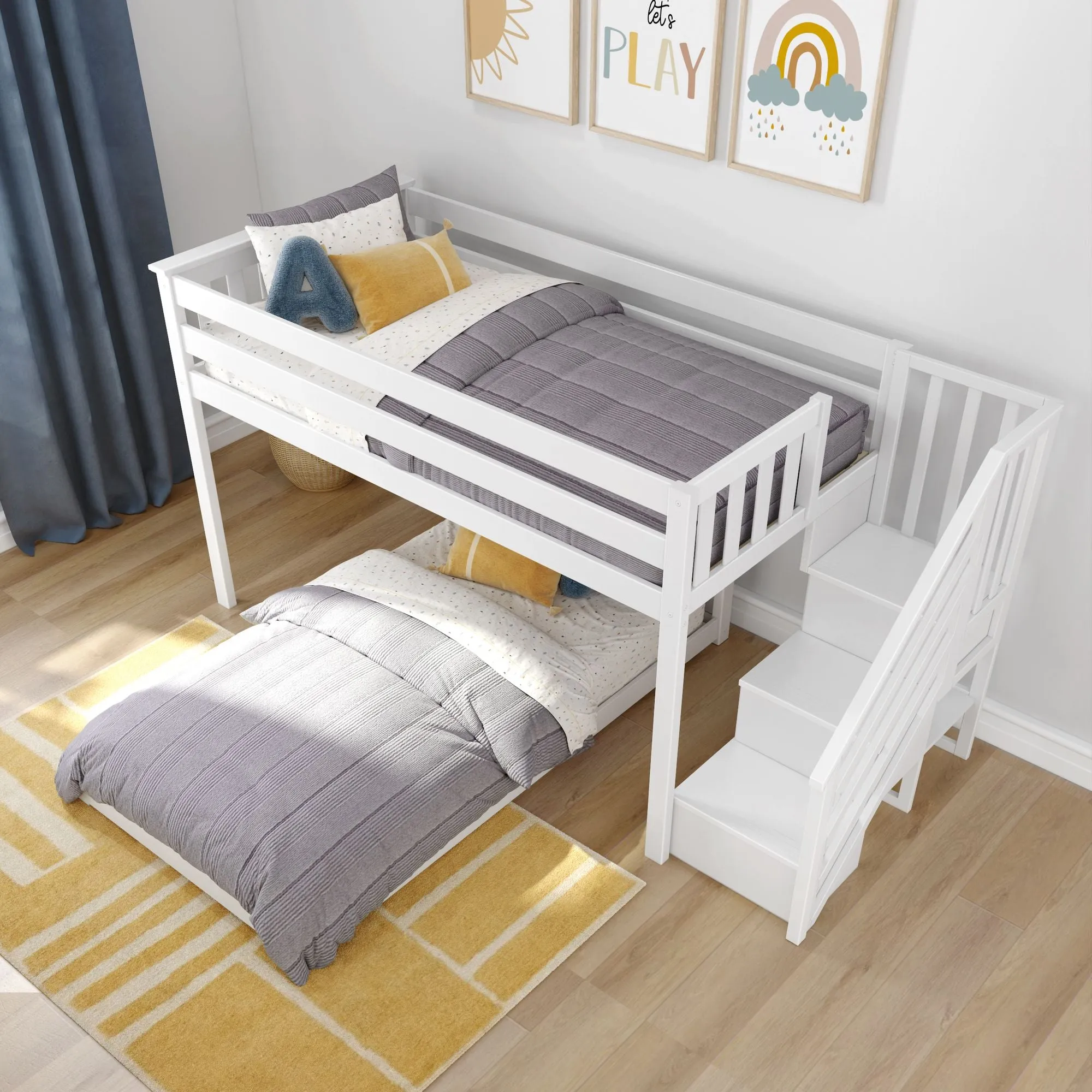 Twin Over Twin L-Shaped Low Bunk Bed With Stairs