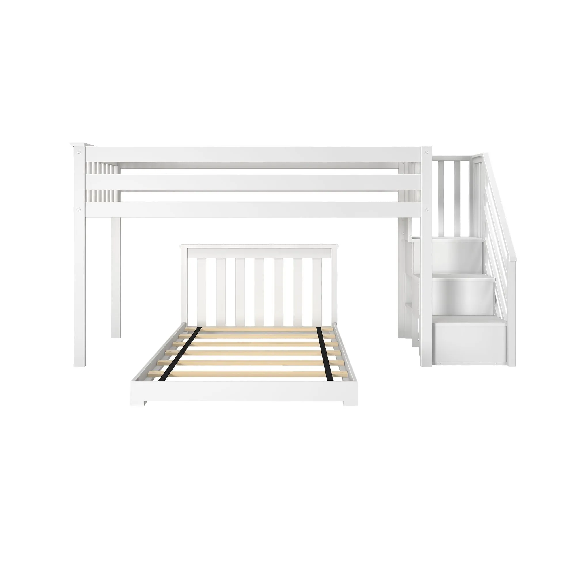 Twin Over Twin L-Shaped Low Bunk Bed With Stairs