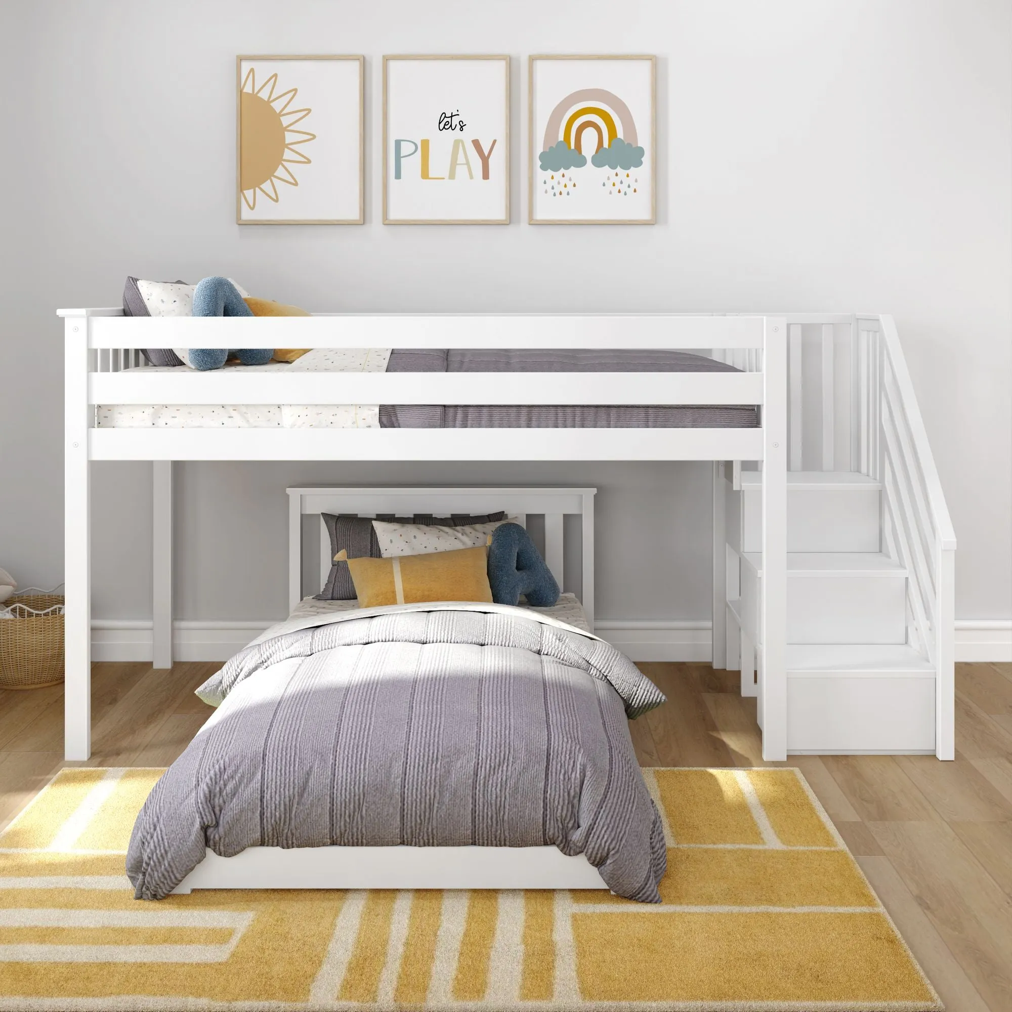 Twin Over Twin L-Shaped Low Bunk Bed With Stairs