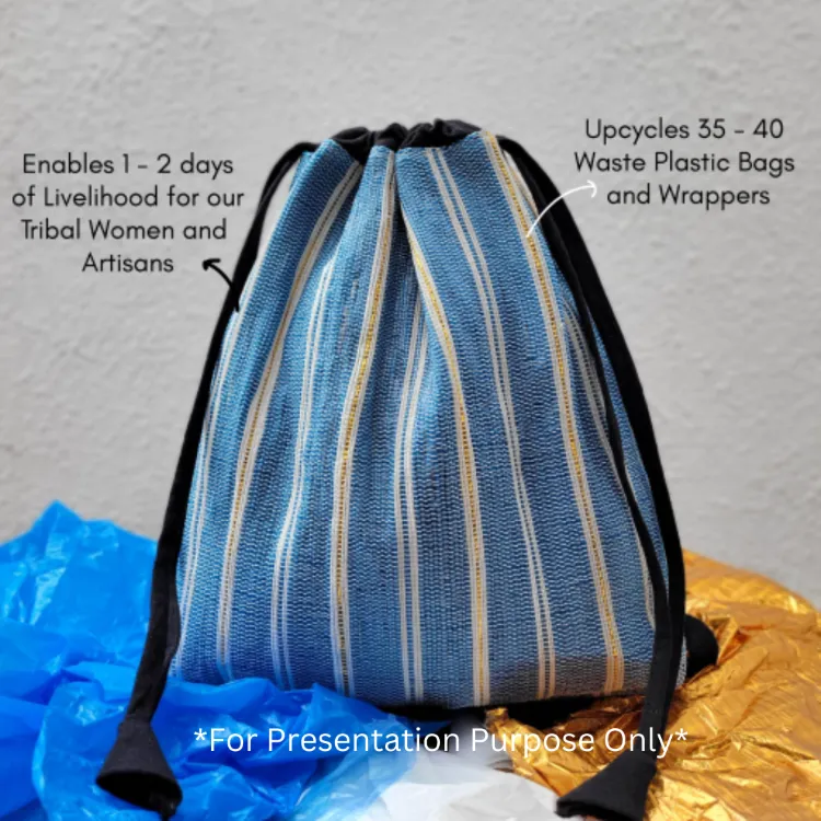 White Brown and Sliver Shimmery Striped Upcycled Handwoven Light Backpack (NLBP0824-010) PS_W
