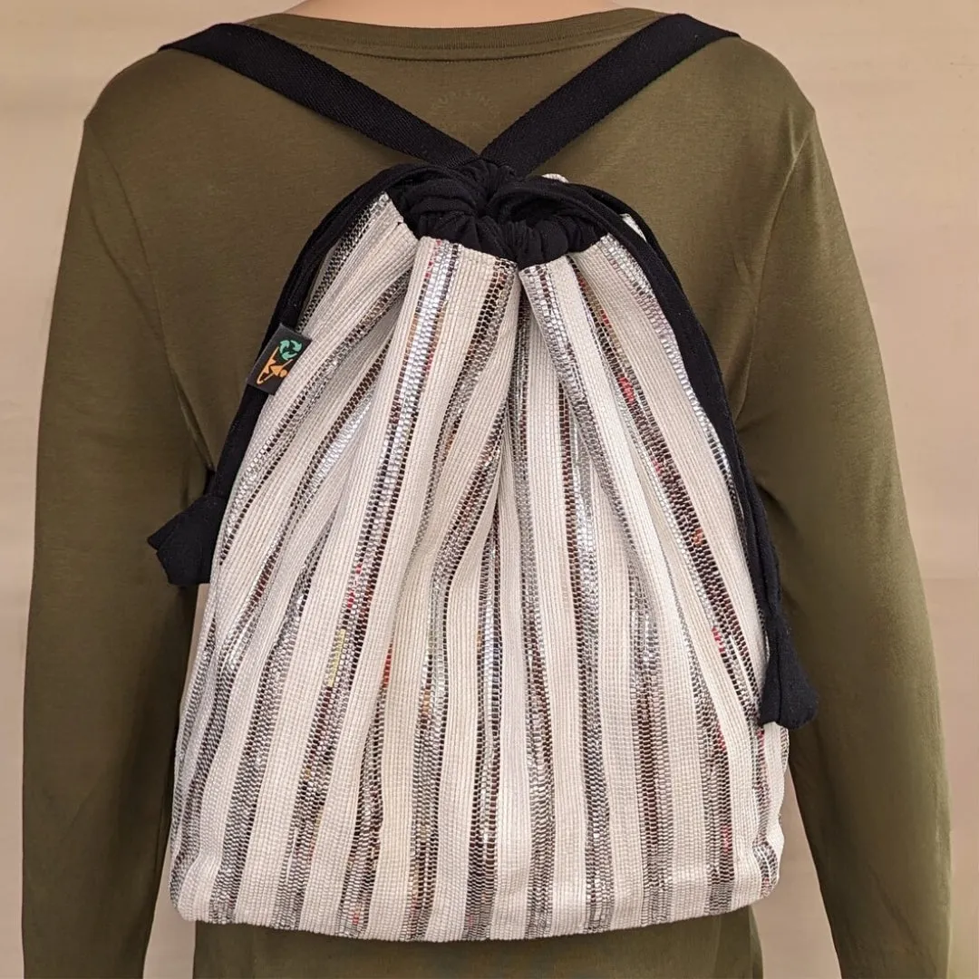 White Brown and Sliver Shimmery Striped Upcycled Handwoven Light Backpack (NLBP0824-010) PS_W